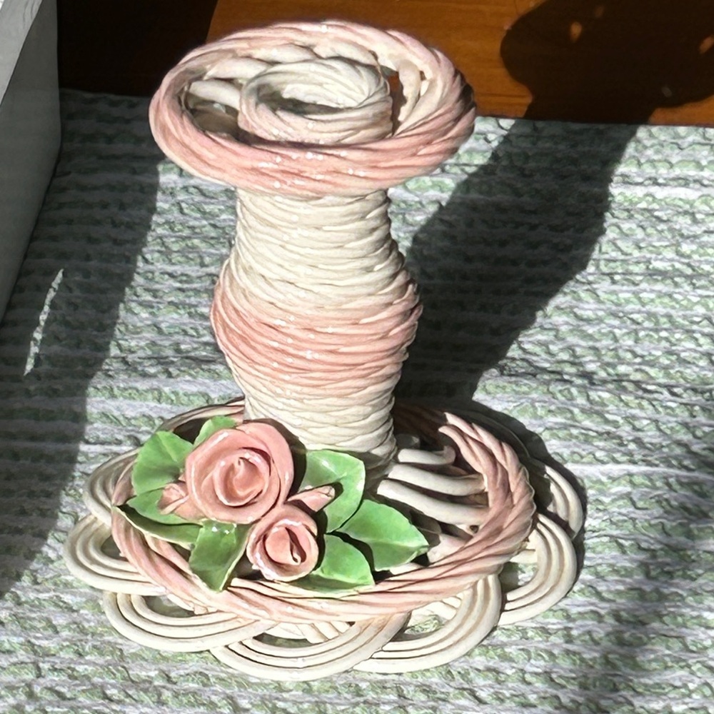 Whimsical Candlesticks Pair of 2 Rose Adorned Cream Pink 1991 Belleek Bev Sparks
